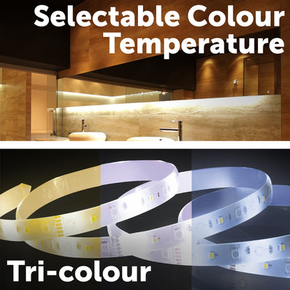 Arlec CCT LED strip light with IP44 rating, flexible tri-colour lighting, adhesive cabinet light
