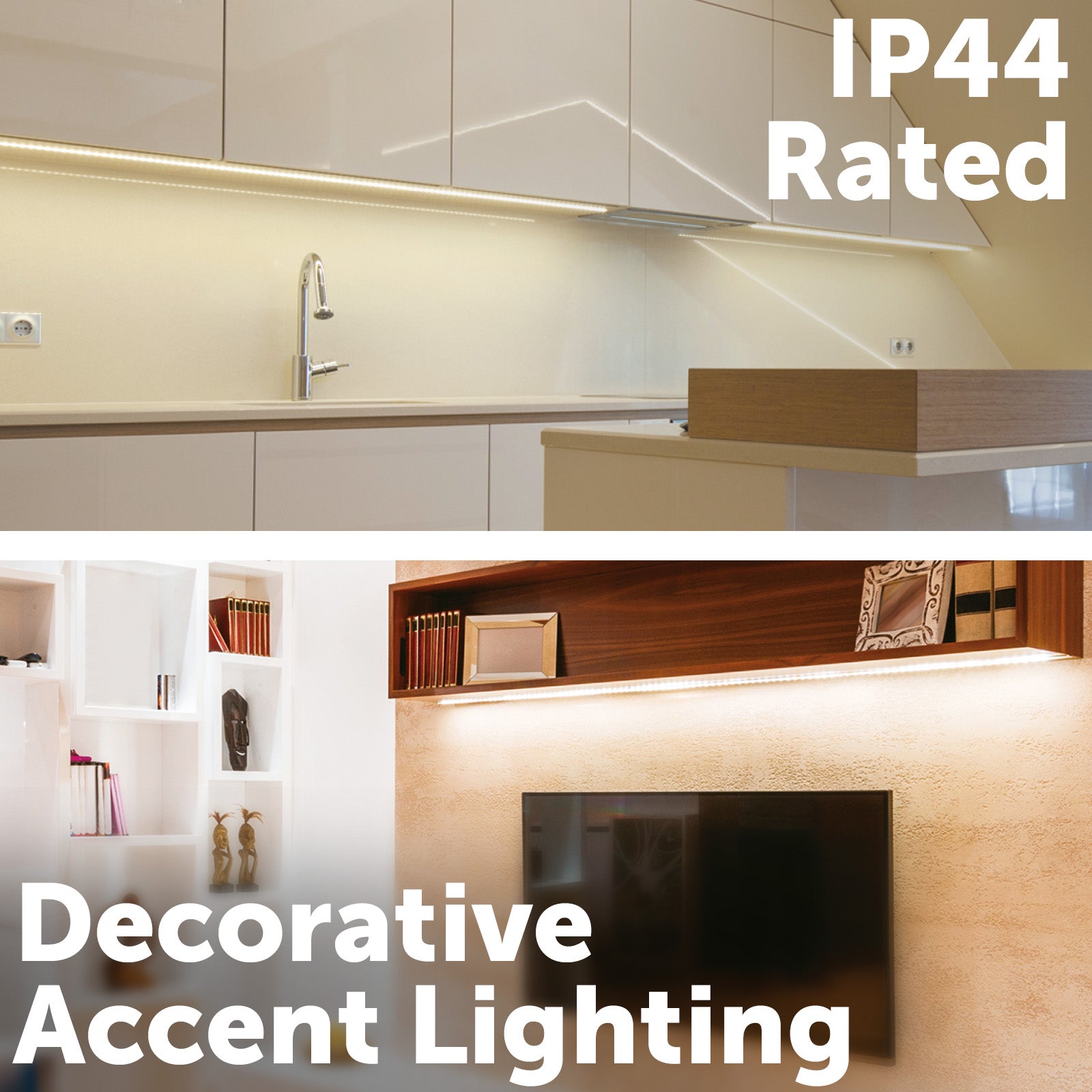 Arlec CCT LED strip light with IP44 rating, flexible tri-colour lighting, adhesive cabinet light