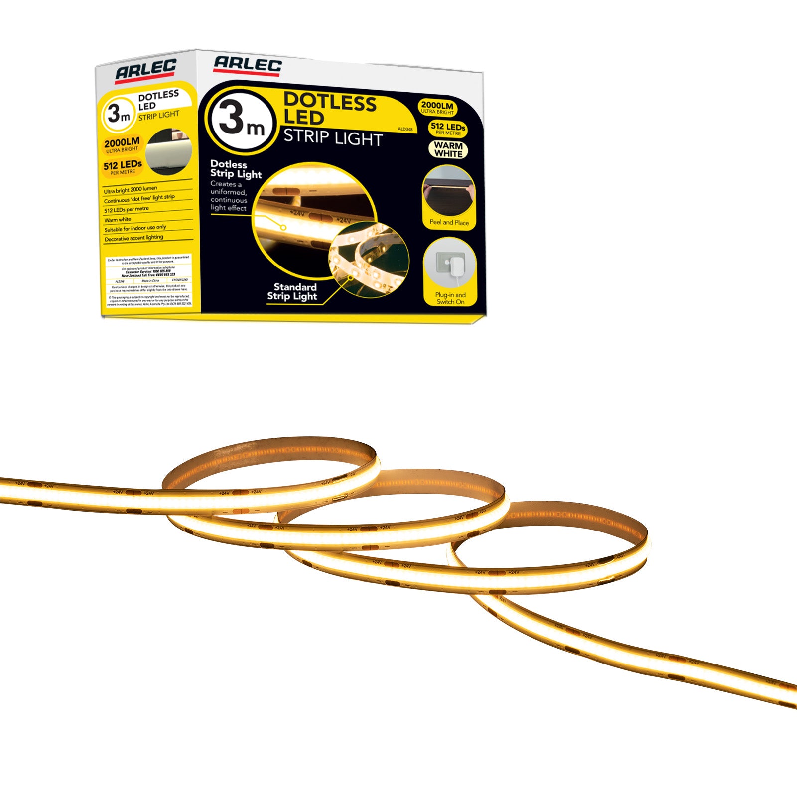 Arlec 3m dotless LED strip, ultra-bright DIY cabinet light, smooth warm white strip lighting