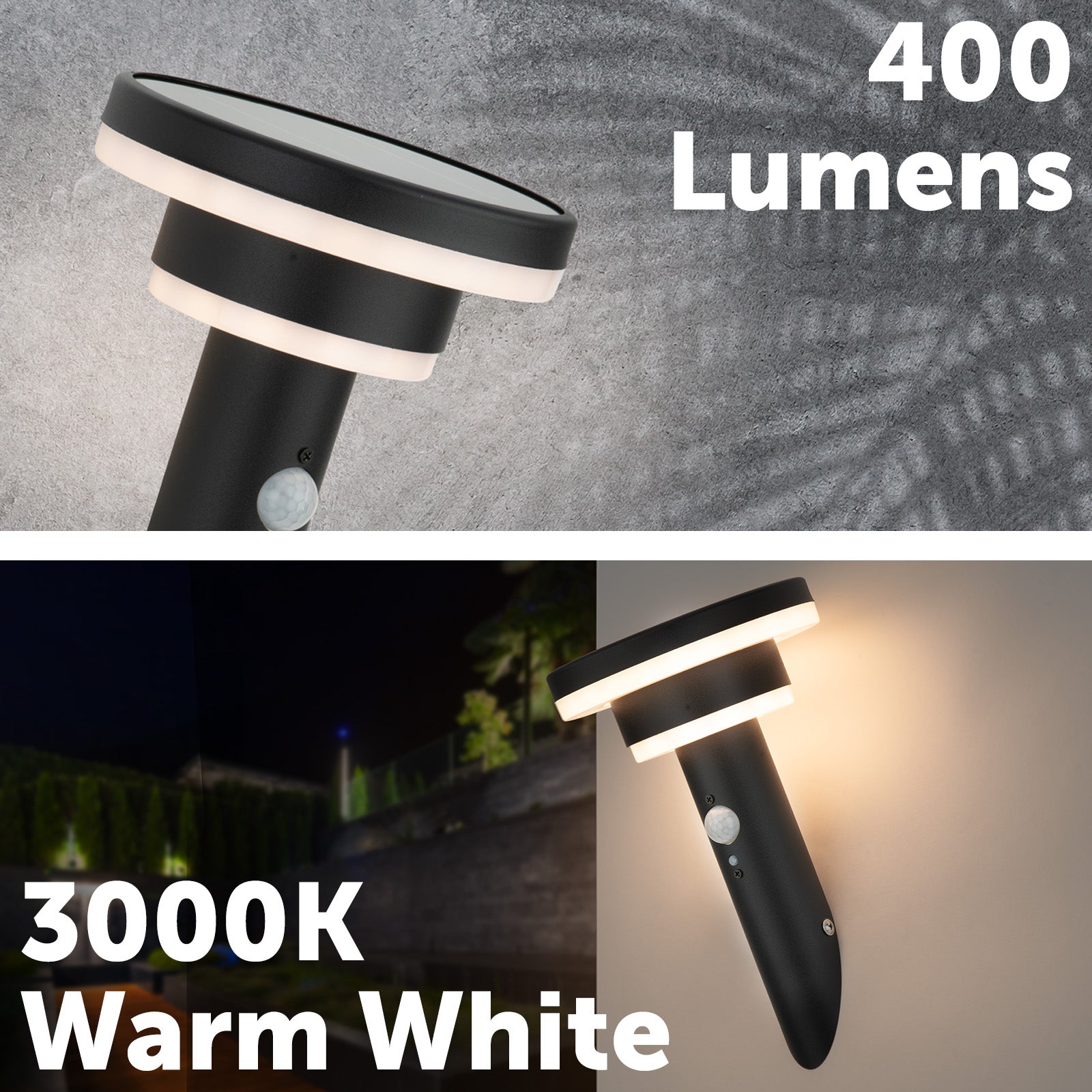 Arlec 400lm 26cm Solar LED Wall Light With Sensor - Black - solar powered light, motion sensor light, exterior wall light, energy efficient LED