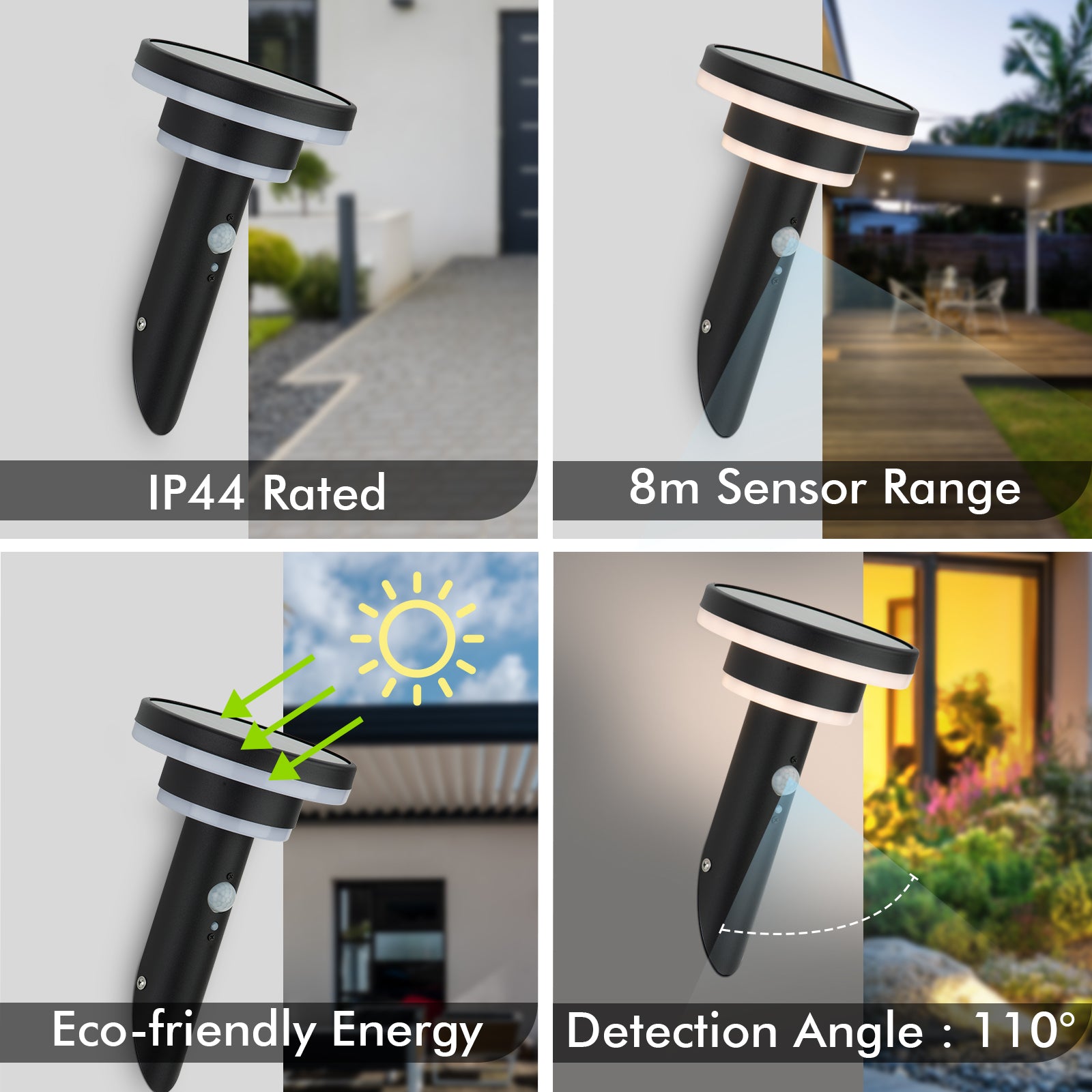 Arlec 400lm 26cm Solar LED Wall Light With Sensor - Black - solar powered light, motion sensor light, exterior wall light, energy efficient LED