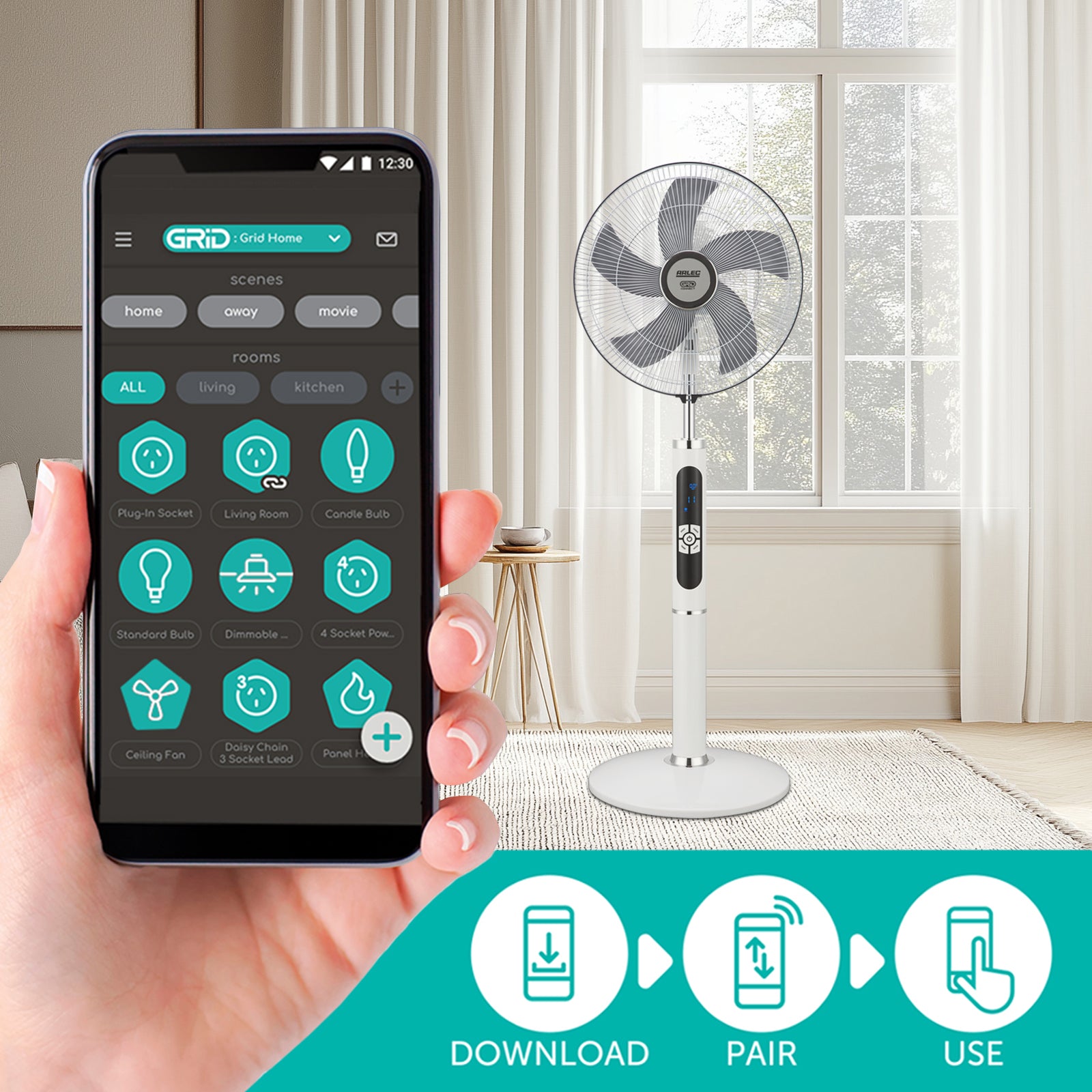 Arlec 40cm White Grid Connect Smart Remote Controlled Pedestal Fan – smart pedestal fan, adjustable pedestal fan, Grid Connect fan