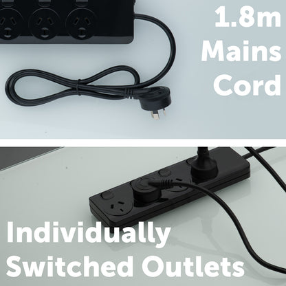 Arlec 4 Outlet Black Individually Switched Powerboard with Safety Overload Warning Alarm - overload alarm board, black powerboard, switched surge protector