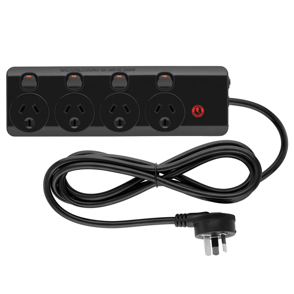 Arlec Black 3m 4-Outlet Powerboard with Surge Protection & On/Off Swit