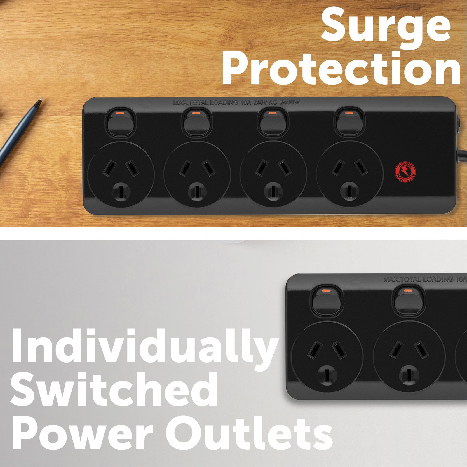 Arlec 4 Outlet Black Surge Protected Powerboard - black surge protector, 4 outlet extension board, long cable powerboard