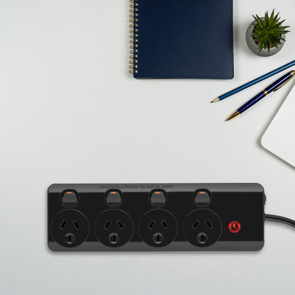 Arlec 4 Outlet Black Surge Protected Powerboard - black surge protector, 4 outlet extension board, long cable powerboard