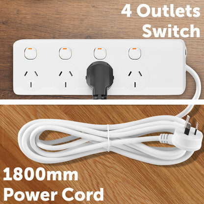 Arlec 4 Outlet Individually Switched Powerboard - 4 switched outlet board, indoor power strip, extended reach powerboard