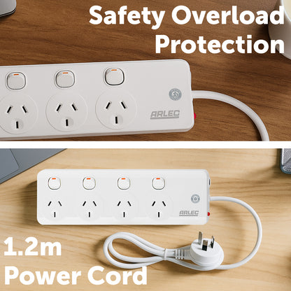 Arlec 4 Outlet Individually Switched Powerboard with Safety Overload Warning Alarm – 4 switch powerboard with warning system