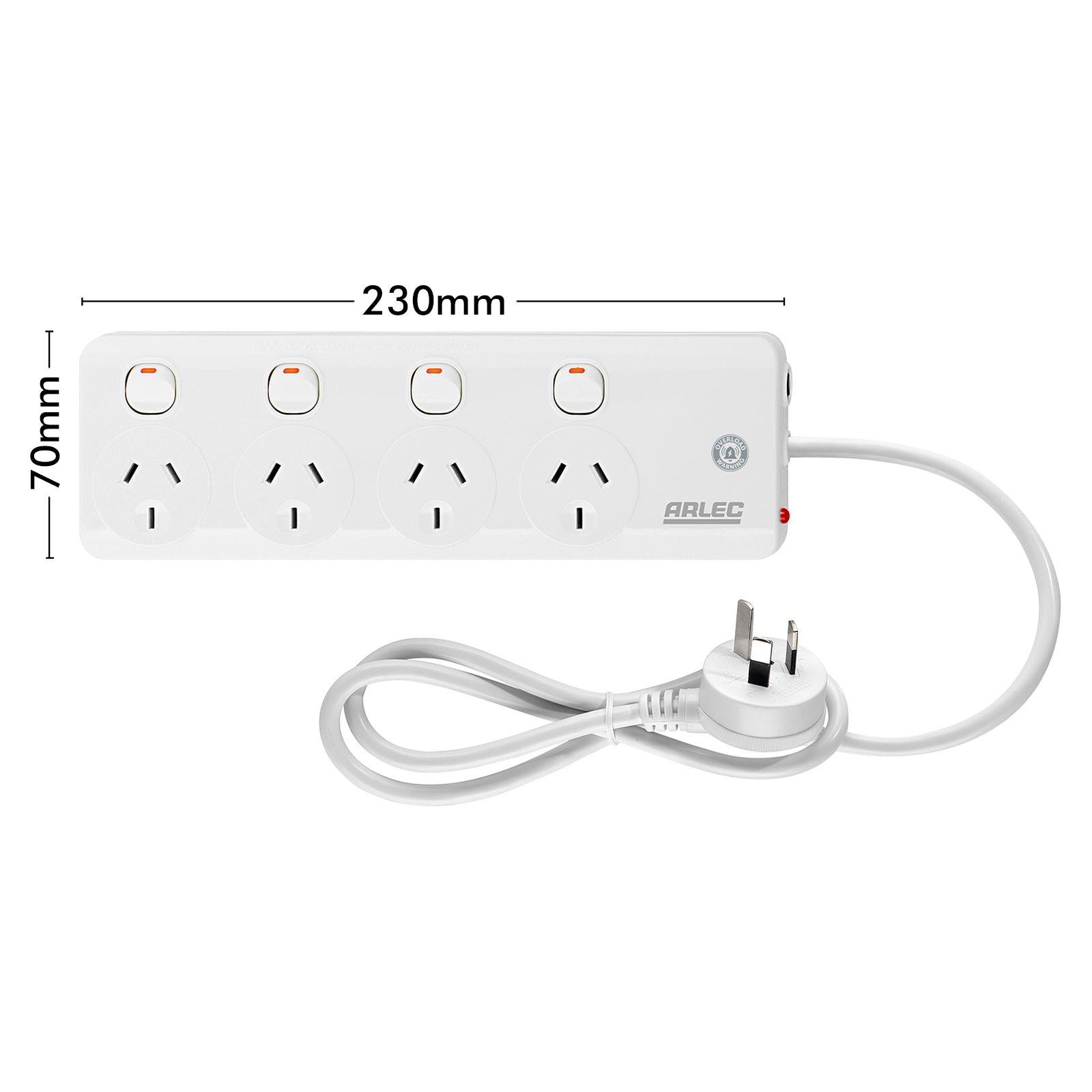 Arlec 4 Outlet Individually Switched Powerboard with Safety Overload Warning Alarm – 4 switch powerboard with warning system