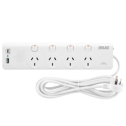 Arlec 4 Outlet Individually Switched Surge Powerboard With PD30W Rapid Charging USB A And C - power surge protection, fast charge USB powerboard, switched extension board