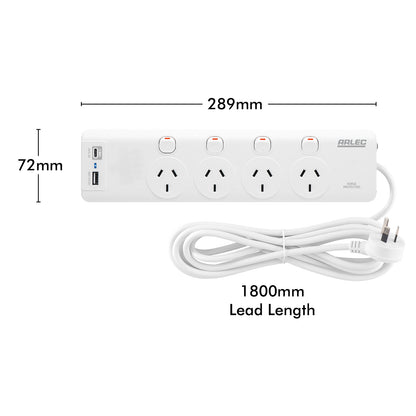 Arlec 4 Outlet Individually Switched Surge Powerboard With PD30W Rapid Charging USB A And C - power surge protection, fast charge USB powerboard, switched extension board