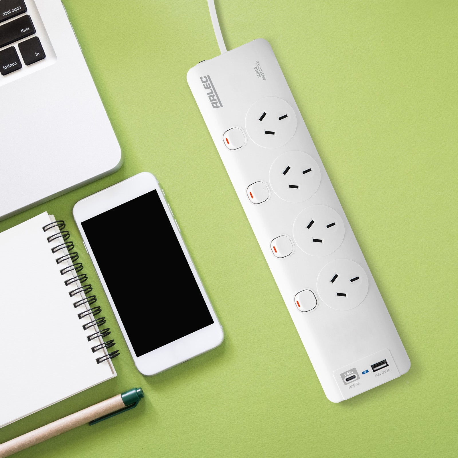 Arlec 4 Outlet Individually Switched Surge Powerboard With PD30W Rapid Charging USB A And C - power surge protection, fast charge USB powerboard, switched extension board