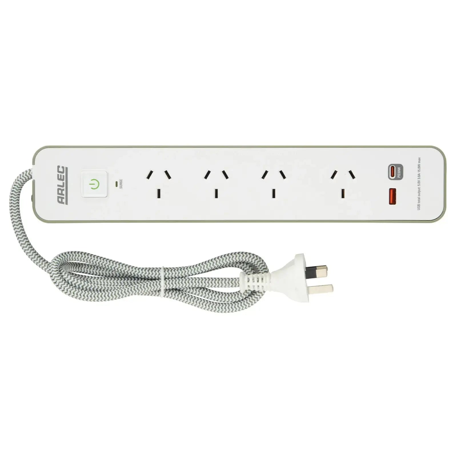 Arlec 4 Outlet PD30W Rapid Charge Powerboard Oil Green - PD30W fast charge board, green finish powerboard, 4 outlet USB extension