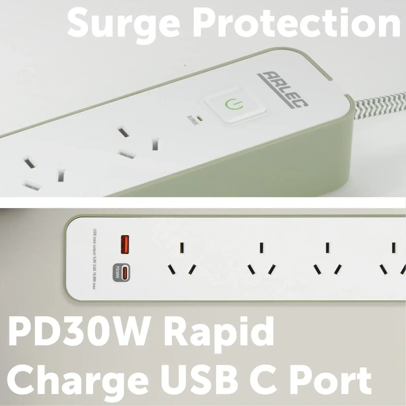 Arlec 4 Outlet PD30W Rapid Charge Powerboard Oil Green - PD30W fast charge board, green finish powerboard, 4 outlet USB extension