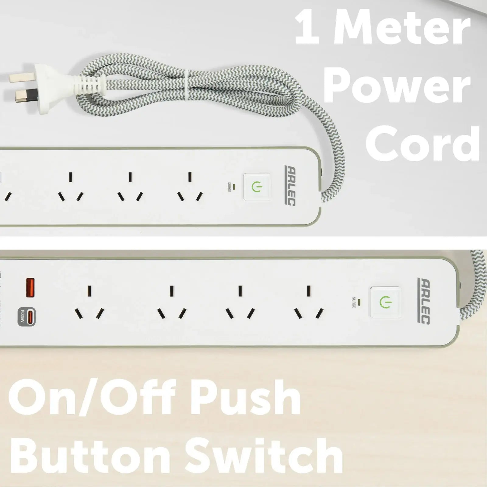 Arlec 4 Outlet PD30W Rapid Charge Powerboard Oil Green - PD30W fast charge board, green finish powerboard, 4 outlet USB extension