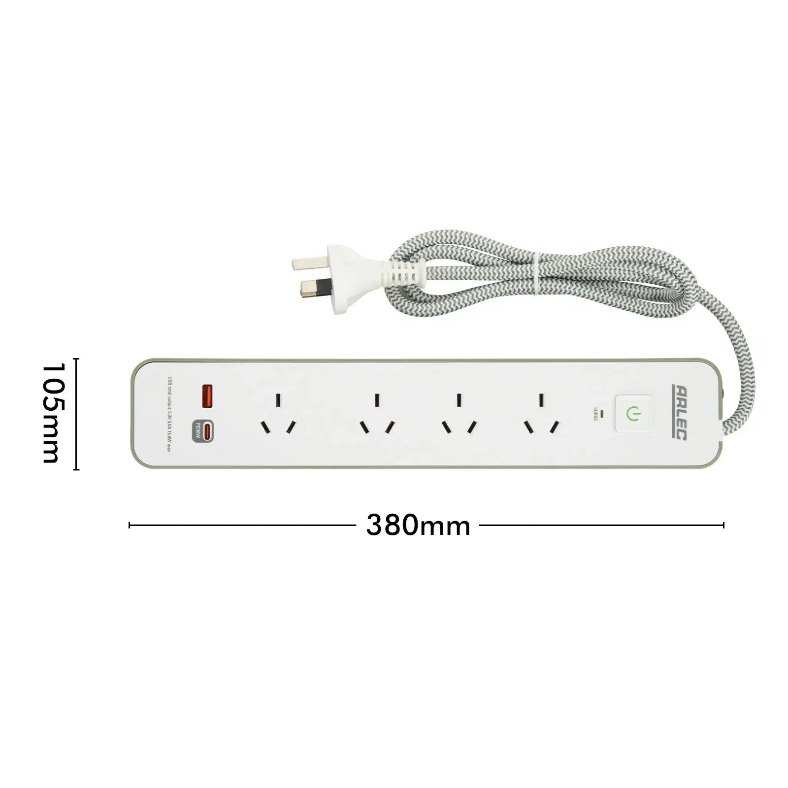 Arlec 4 Outlet PD30W Rapid Charge Powerboard Oil Green - PD30W fast charge board, green finish powerboard, 4 outlet USB extension