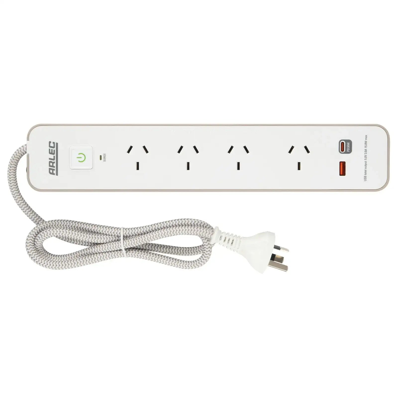 Arlec 4 Outlet PD30W Rapid Charge Powerboard Simply Taupe - stylish PD30W board, 4 outlet extension, USB charging power strip