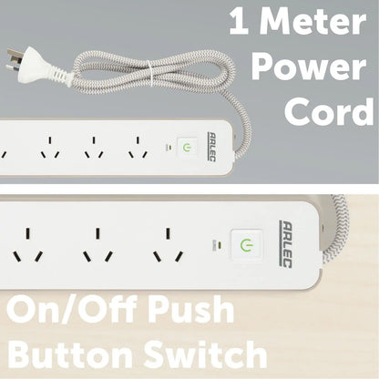 Arlec 4 Outlet PD30W Rapid Charge Powerboard Simply Taupe - stylish PD30W board, 4 outlet extension, USB charging power strip