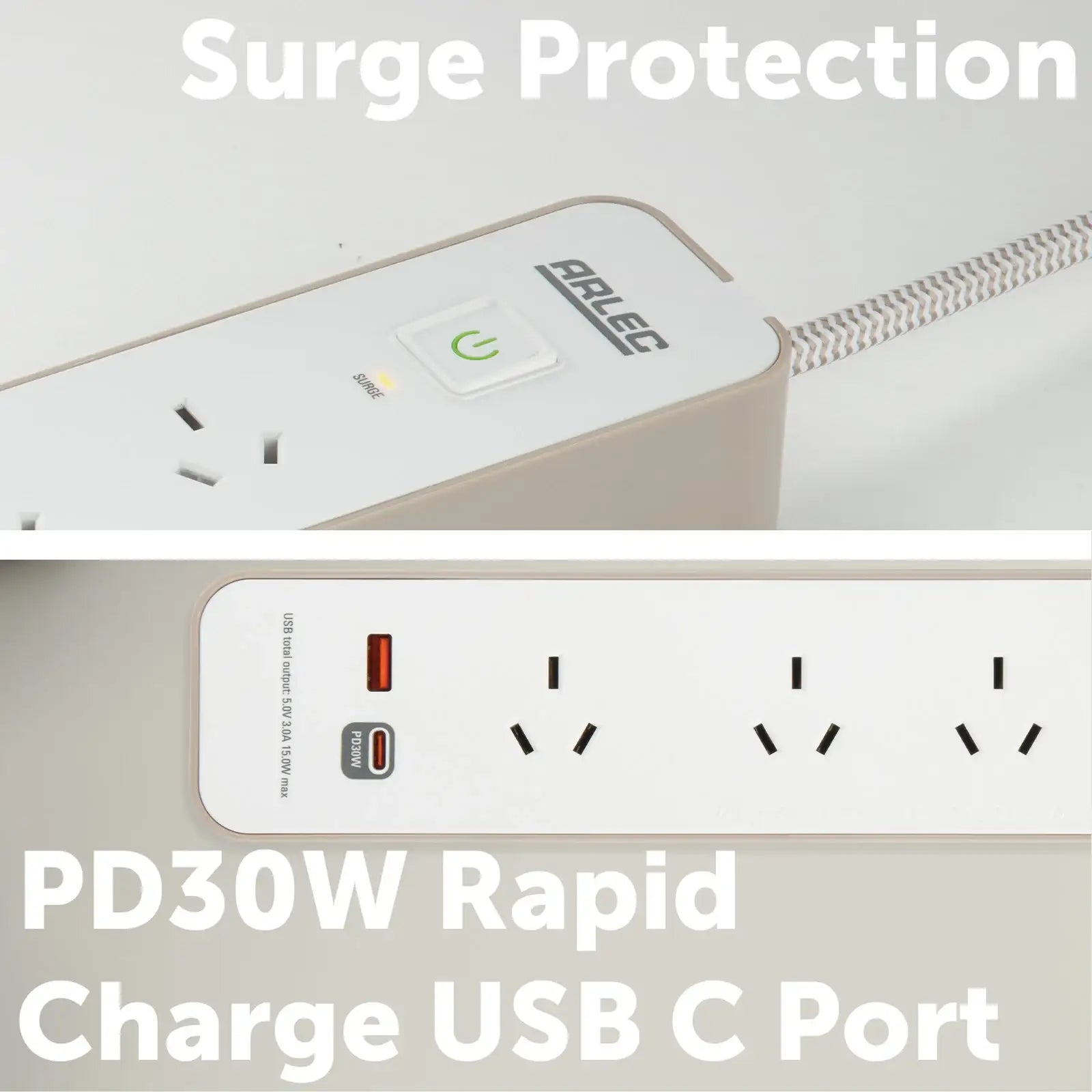 Arlec 4 Outlet PD30W Rapid Charge Powerboard Simply Taupe - stylish PD30W board, 4 outlet extension, USB charging power strip