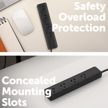 Arlec 4 Outlet Powerboard - Black - black indoor powerboard, 4 outlet extension, compact power strip