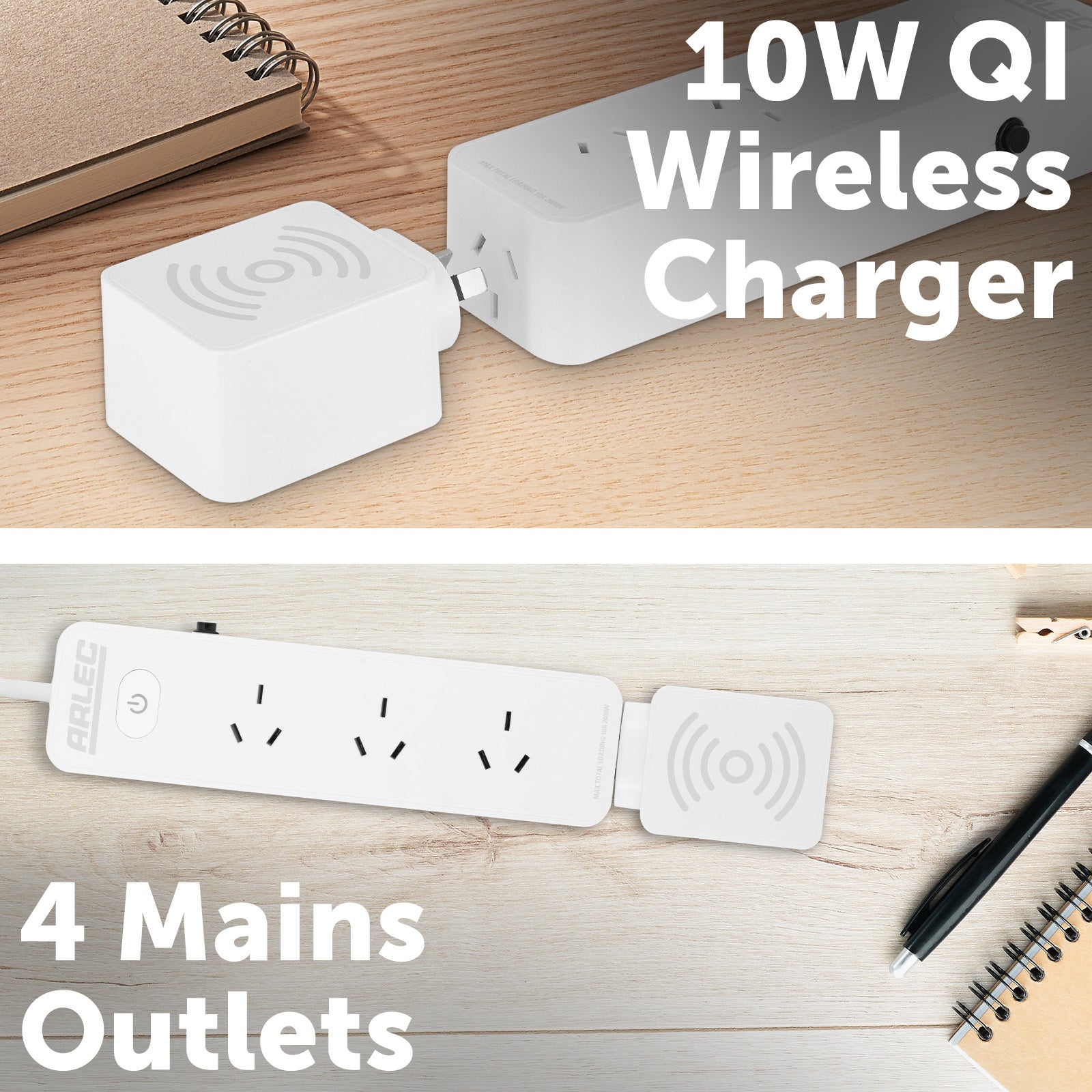 Arlec 4 Outlet Powerboard With Detachable 10W Wireless Charger - wireless charging board, 4 outlet power strip, detachable charger board