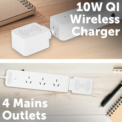 Arlec 4 Outlet Powerboard With Detachable 10W Wireless Charger - wireless charging board, 4 outlet power strip, detachable charger board