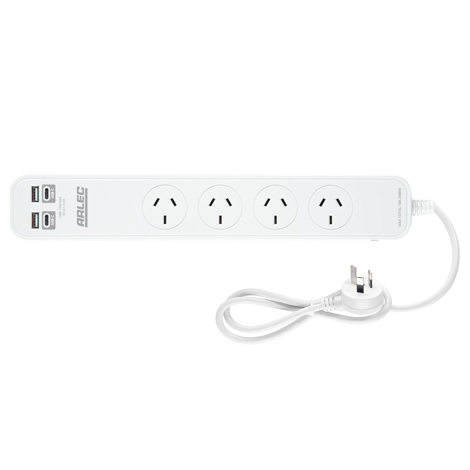 Arlec 4 Outlet Powerboard With USB 2A And 2C Charging Ports - USB charging board, power strip with 4 outlets, fast charge powerboard