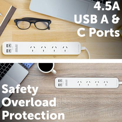 Arlec 4 Outlet Powerboard With USB 2A And 2C Charging Ports - USB charging board, power strip with 4 outlets, fast charge powerboard