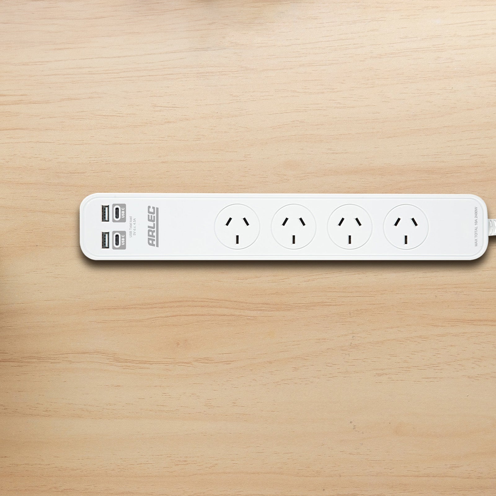 Arlec 4 Outlet Powerboard With USB 2A And 2C Charging Ports - USB charging board, power strip with 4 outlets, fast charge powerboard