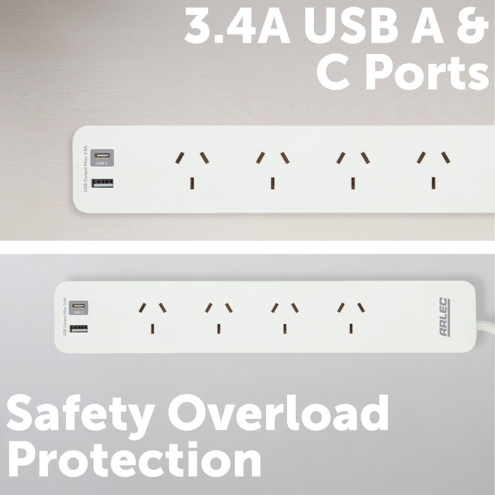 Arlec 4 Outlet Powerboard With USB Chargers - USB charging board, 4 outlet power strip, safety protected extension