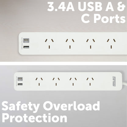 Arlec 4 Outlet Powerboard With USB Chargers - USB charging board, 4 outlet power strip, safety protected extension