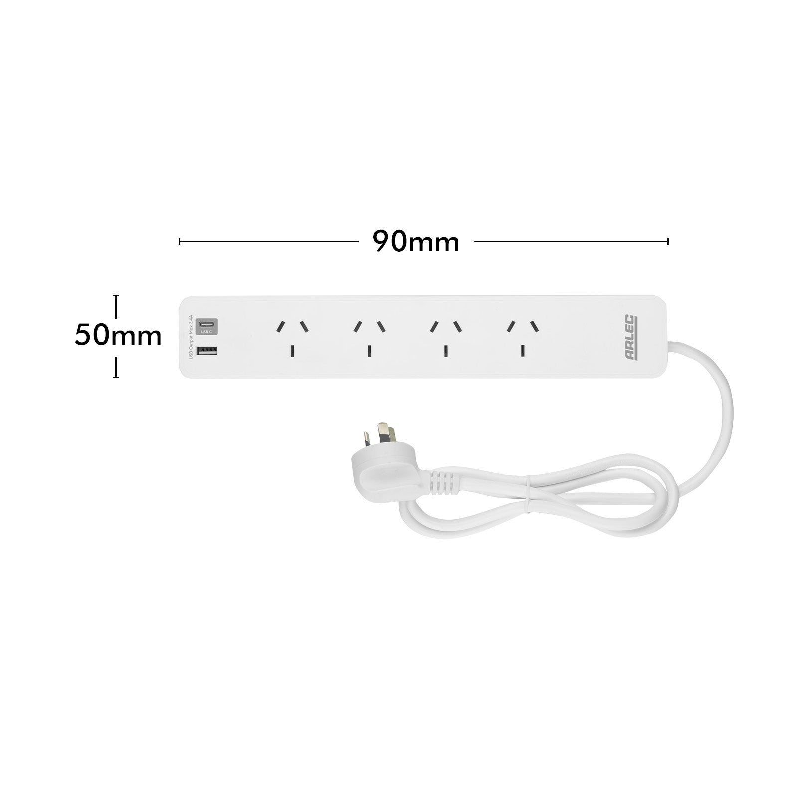 Arlec 4 Outlet Powerboard With USB Chargers - USB charging board, 4 outlet power strip, safety protected extension