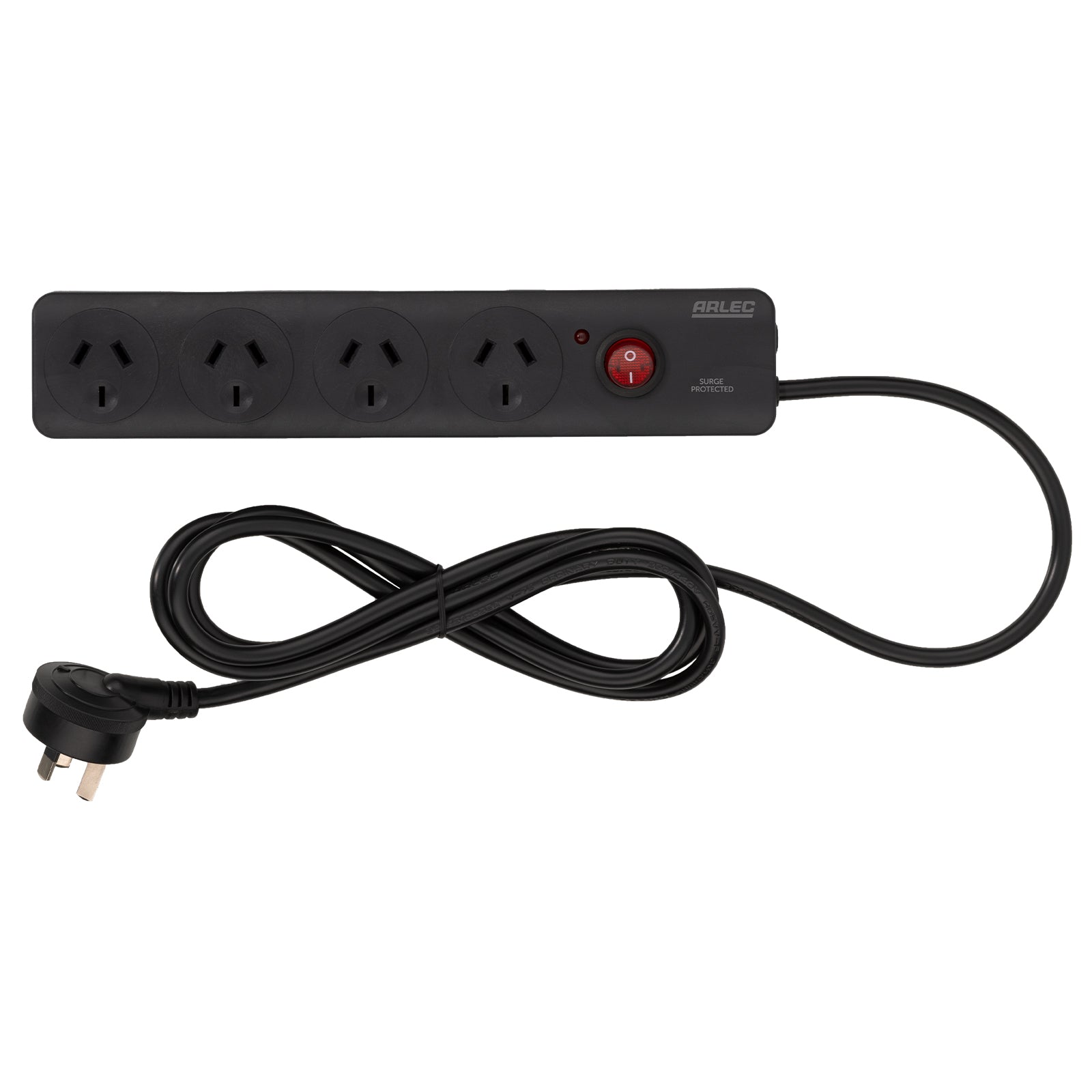 Arlec 4 Outlet Surge Powerboard Black – surge protected extension board, compact black design