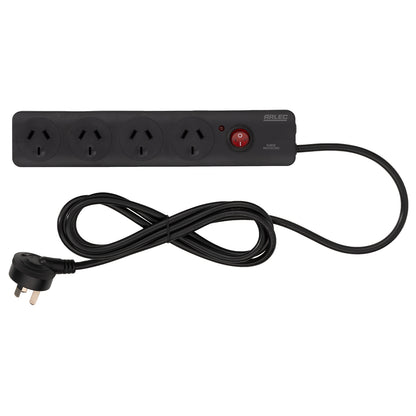 Arlec 4 Outlet Surge Powerboard Black – surge protected extension board, compact black design