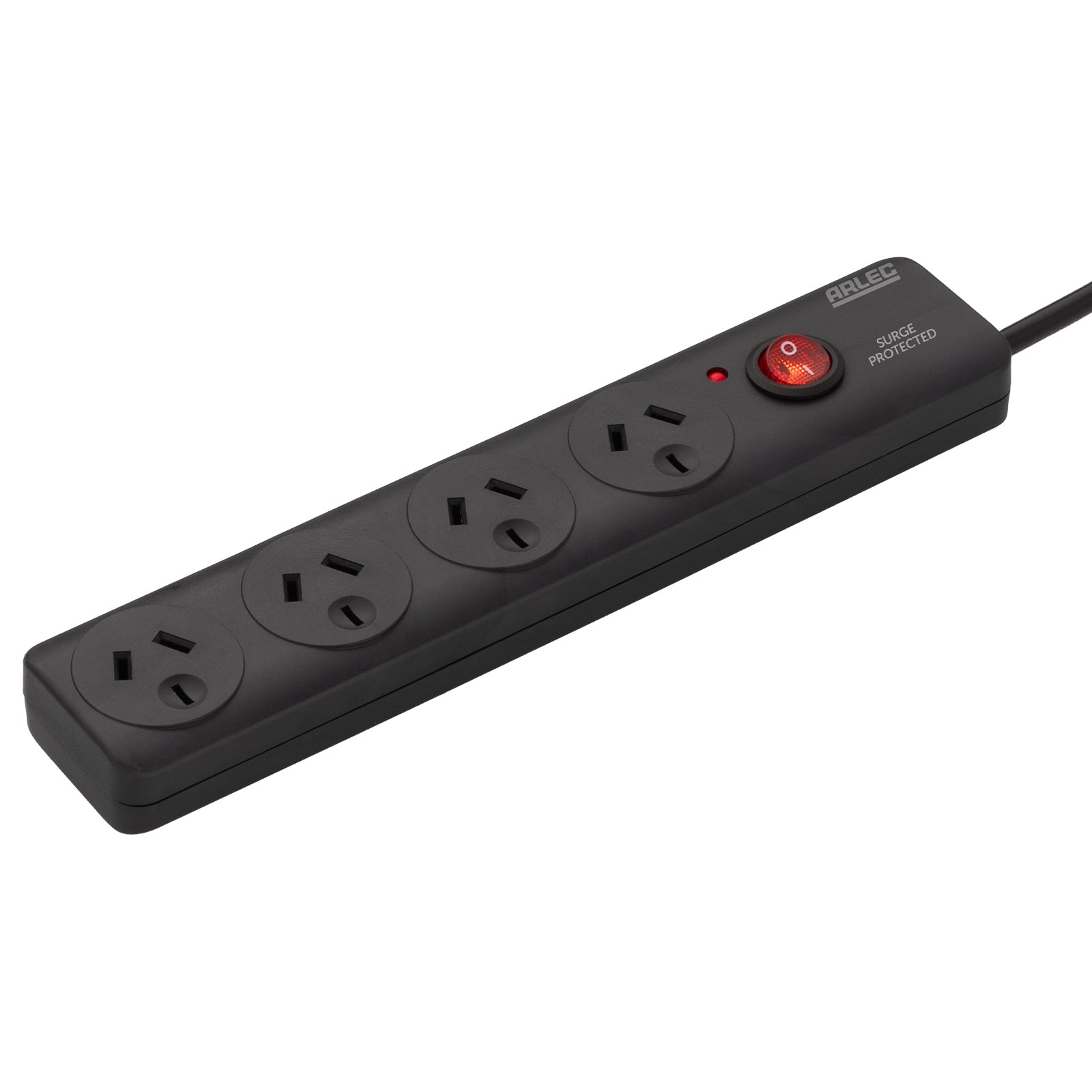 Arlec 4 Outlet Surge Powerboard Black – surge protected extension board, compact black design
