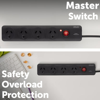 Arlec 4 Outlet Surge Powerboard Black – surge protected extension board, compact black design