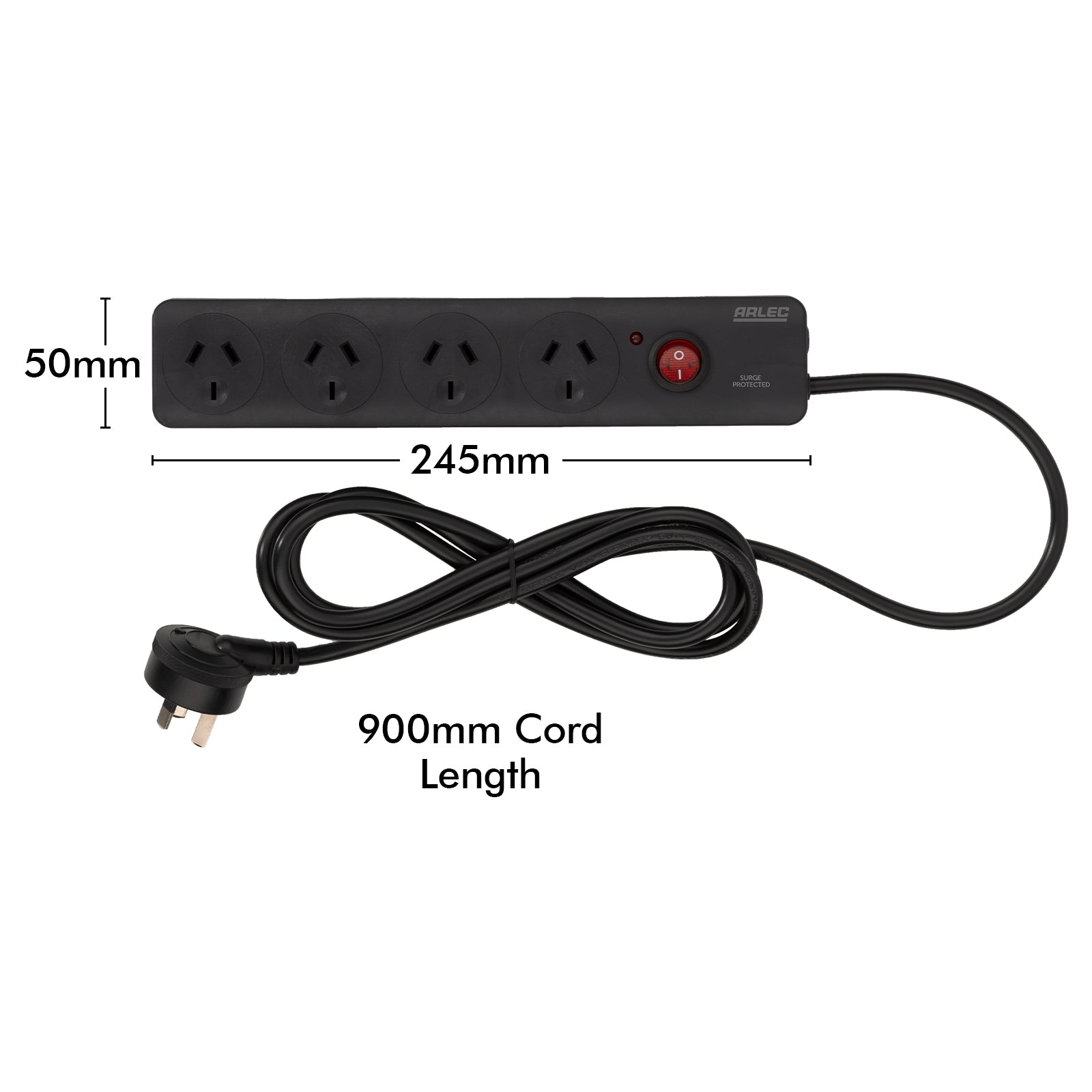Arlec 4 Outlet Surge Powerboard Black – surge protected extension board, compact black design