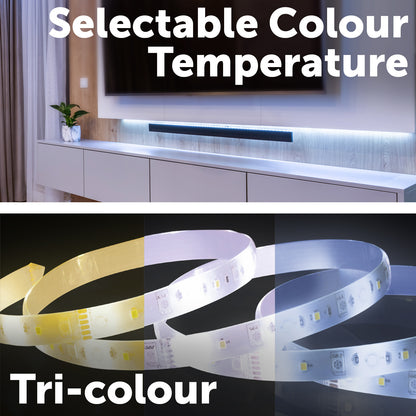 Arlec 5m CCT LED strip light, weatherproof IP65 strip with tri-colour lighting, home accent LED