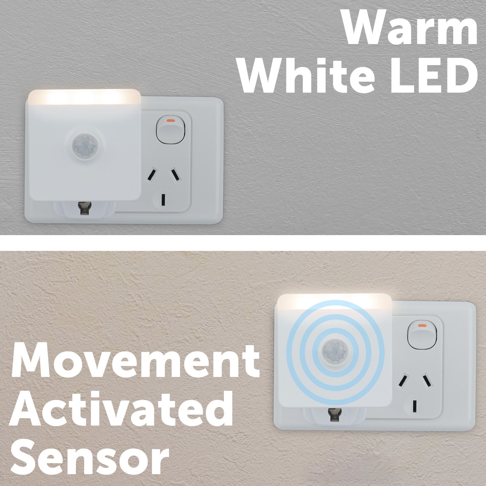 Arlec square plug-in motion sensor night light with warm white LED and auto shut-off