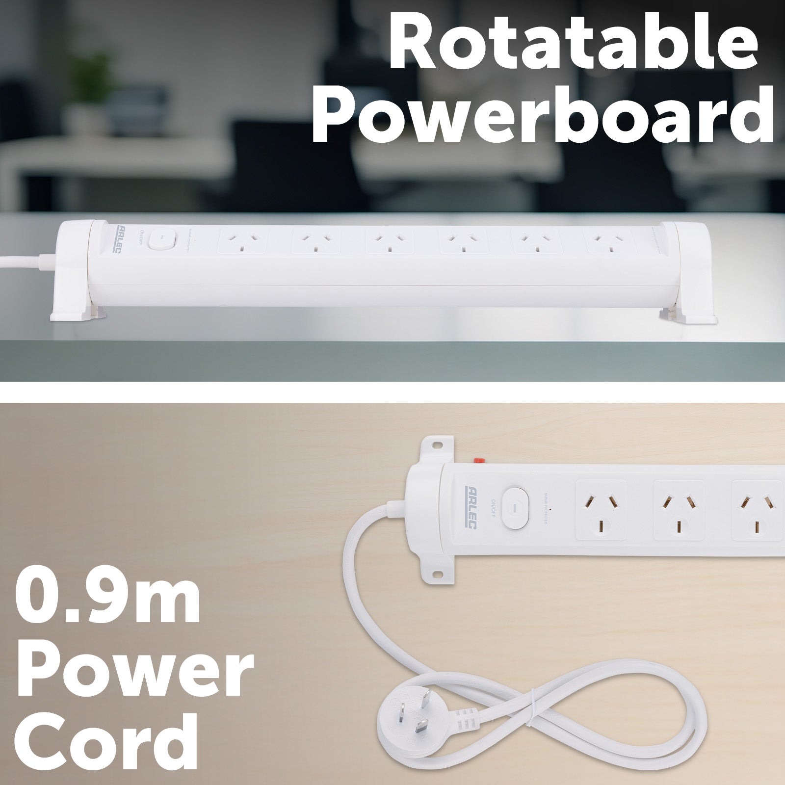 Arlec 6 Outlet Rotatable Powerboard with Surge Protection – rotating extension board with surge protection and 6 outlets