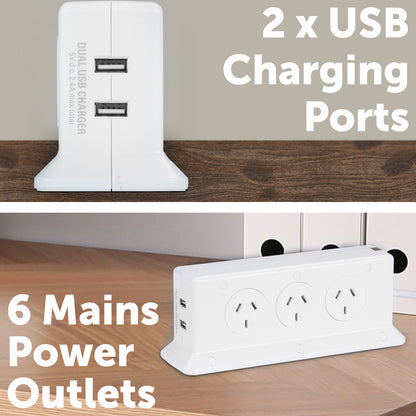 Arlec 6 Outlet Space Saving Powerboard With 2.4A USB Charger – USB powerboard with compact design for home or office