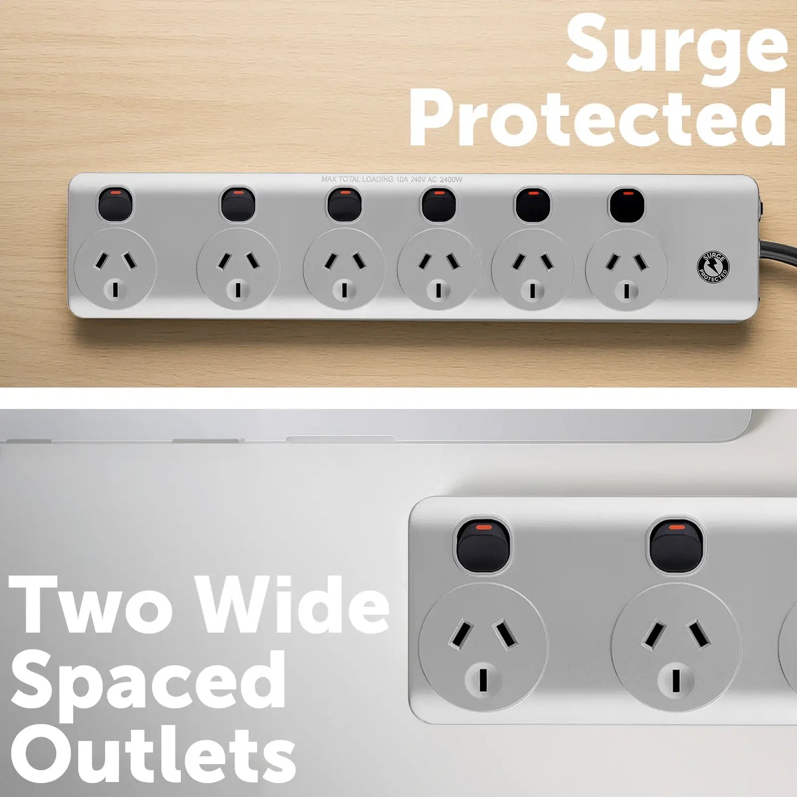 Arlec 6 Outlet Surge Protected Wide Spaced Powerboard – surge powerboard with wide spacing for large plugs