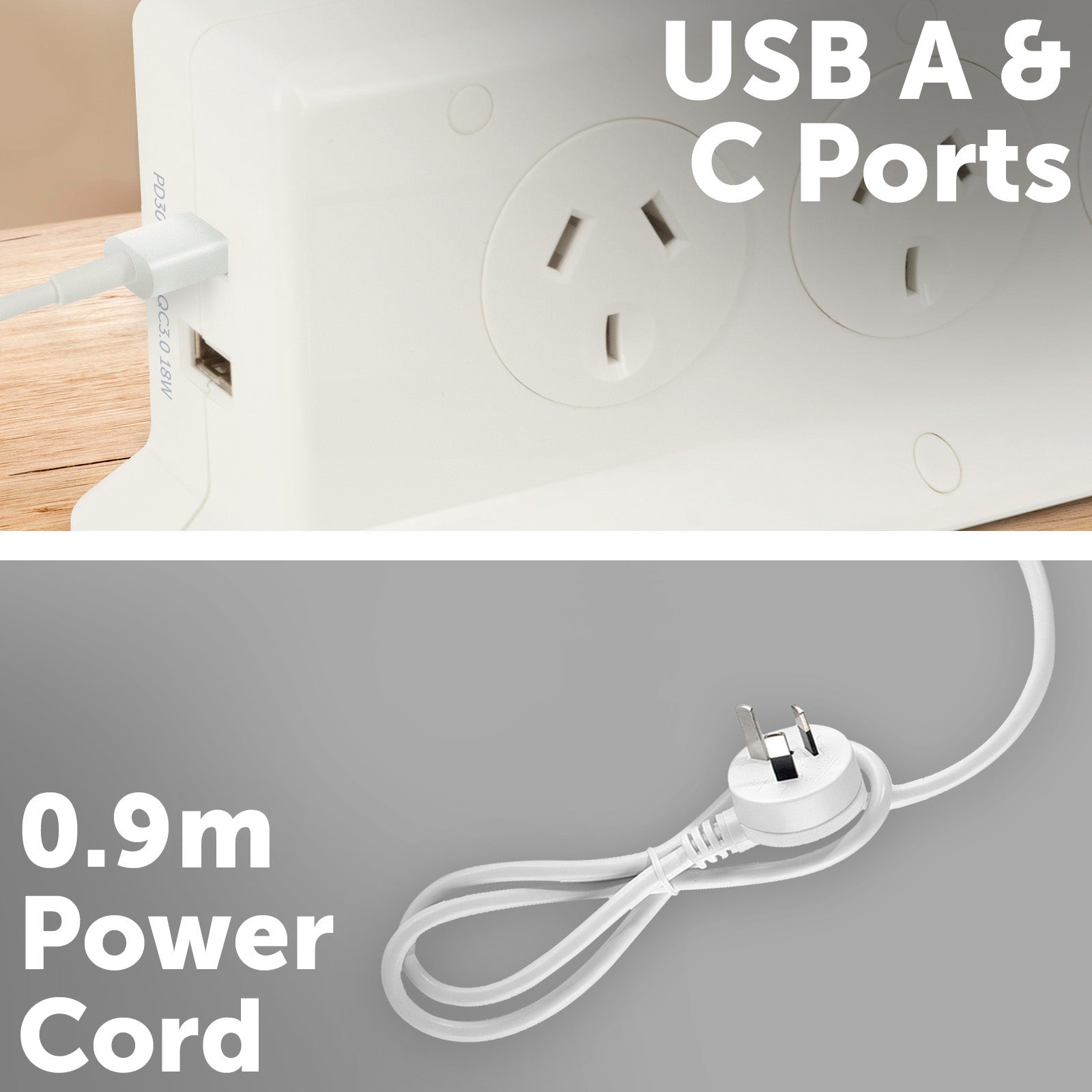 Arlec 6 Outlet Vertical Powerboard with PD30W Rapid Charging USB A & C - vertical powerboard, USB PD charging board, 6 socket extension