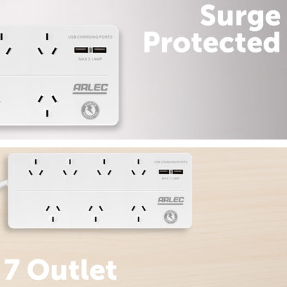 Arlec 7-Outlet Surge Powerboard With USB Charger – multi socket powerboard with USB charging and surge protection
