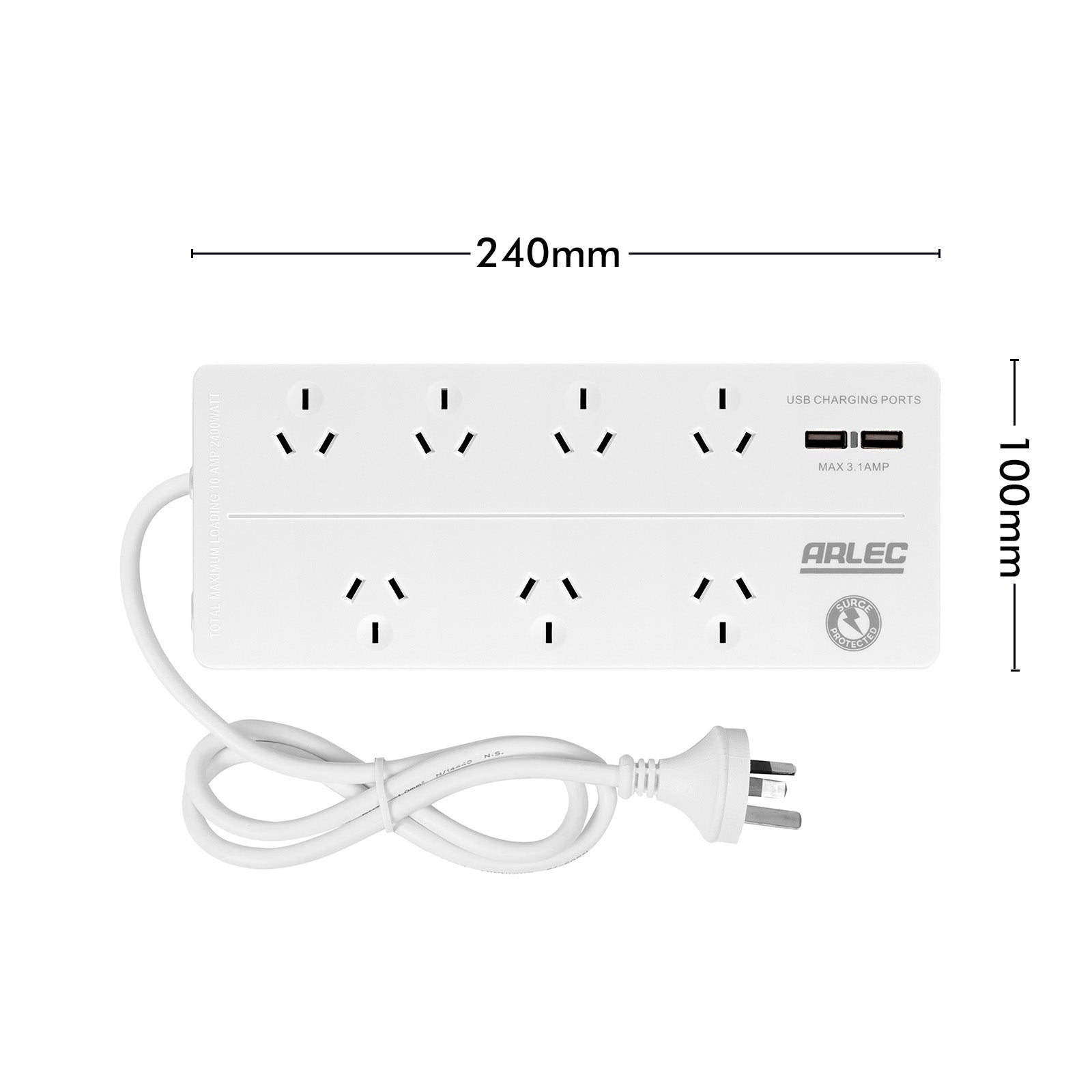 Arlec 7-Outlet Surge Powerboard With USB Charger – multi socket powerboard with USB charging and surge protection