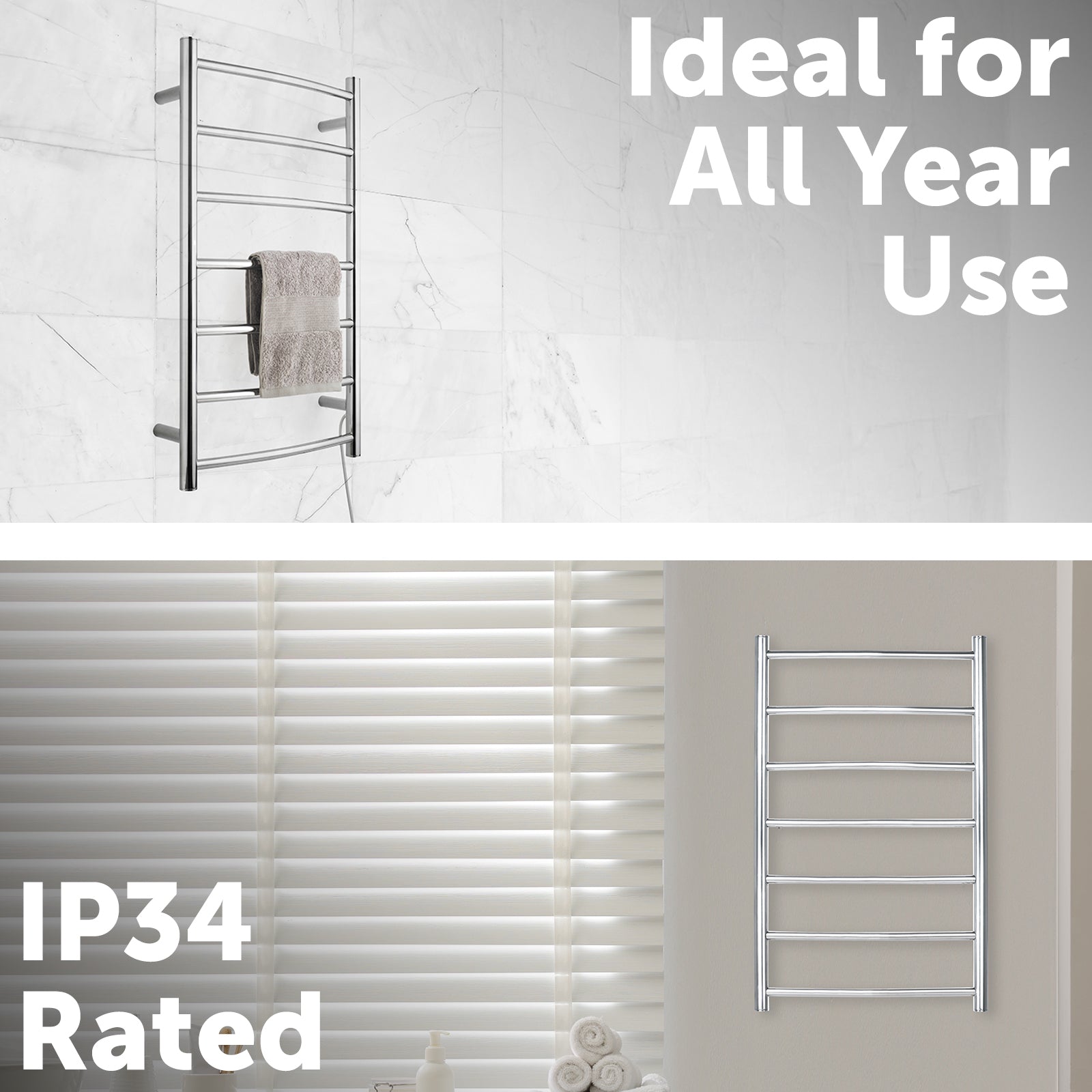 Arlec 65W 7 bar curved stainless steel heated towel rail, modern and efficient
