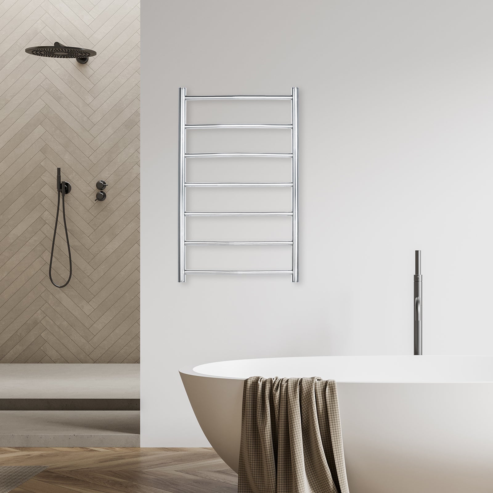 Arlec 65W 7 bar curved stainless steel heated towel rail, modern and efficient