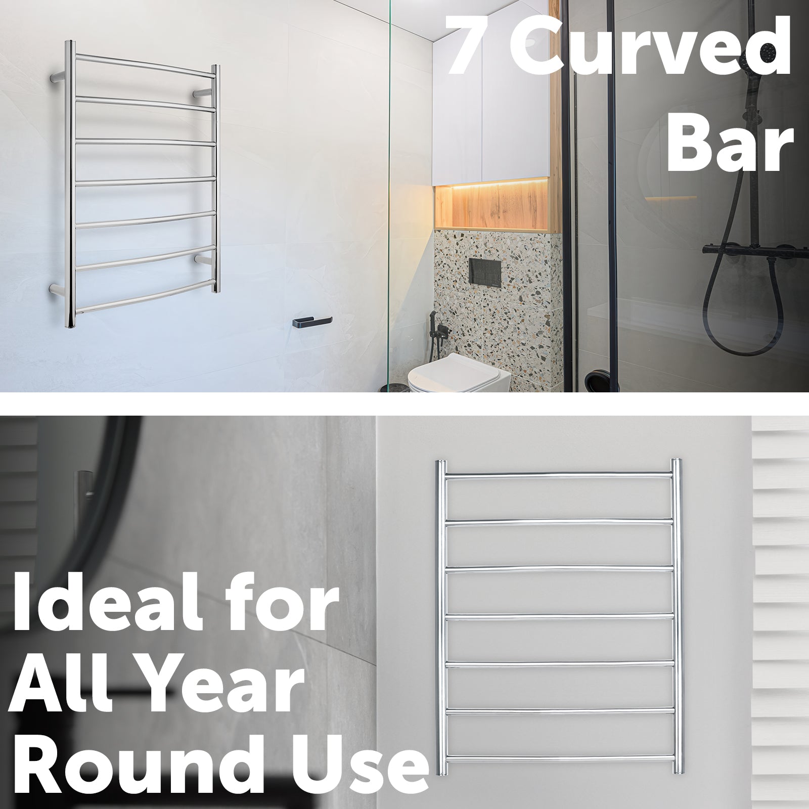 Arlec 70W curved 7 bar stainless steel towel rail for stylish bathroom heating