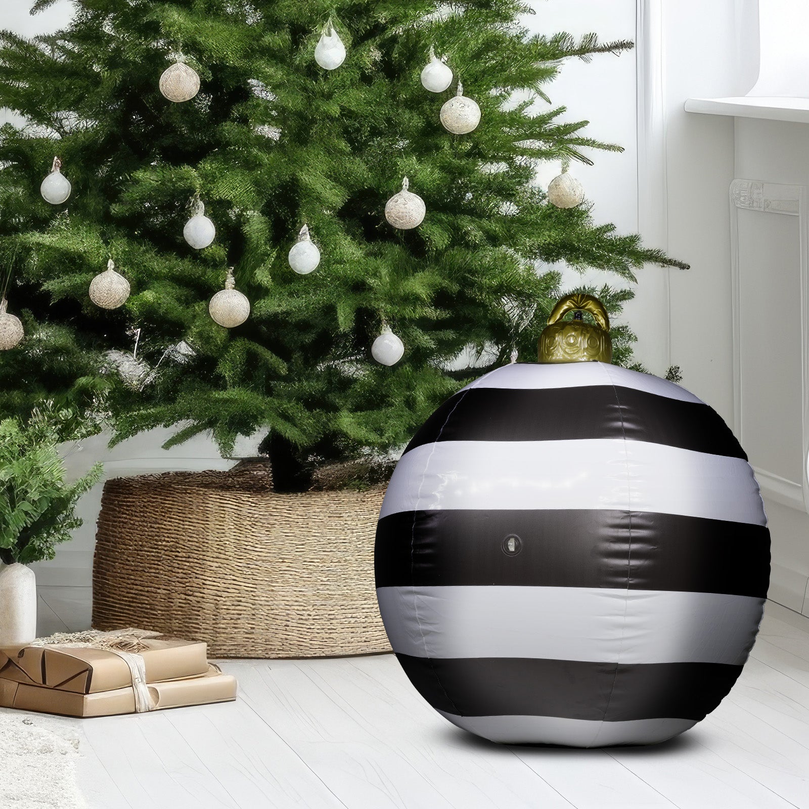 Arlec 80cm black & white inflatable PVC bauble – outdoor Christmas ornament with pump and ground fixing accessories
