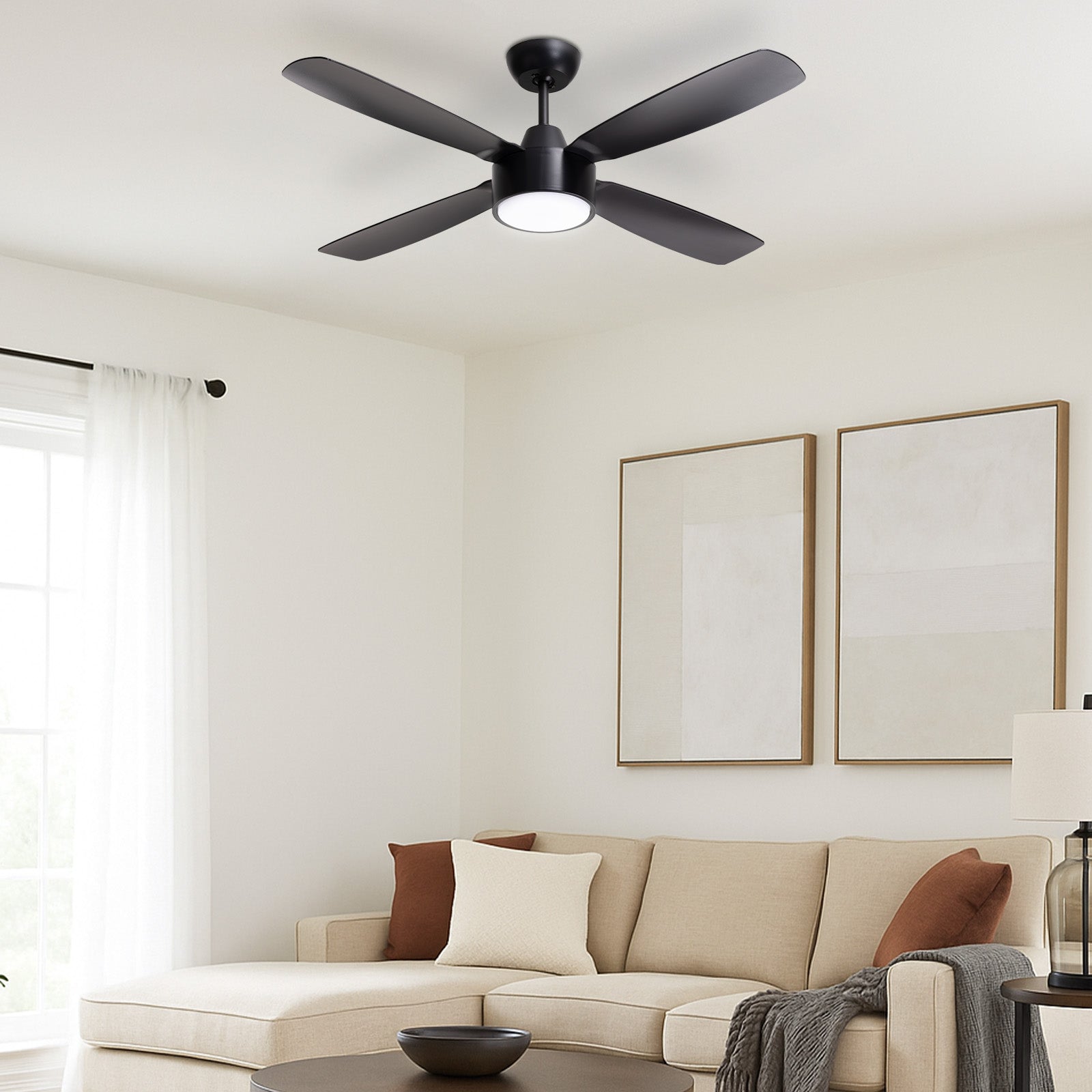 arlec 120cm aer ceiling fan – matte black dc ceiling fan; tri-colour led smart fan; modern quiet fan for any room